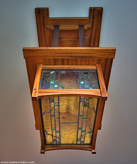 Greene and Greene style dining room chandelier with matching ceiling plate: Hamm Glass Studios